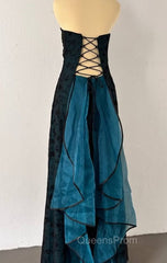 Vintage Strapless Blue Satin Sleeveless Black Tulle Beaded Ball Dress Birthday Evening Dress