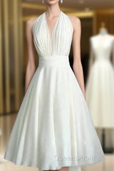 Vintage Tea-Length Chiffon Wedding Dress With Halter Neck And Bow