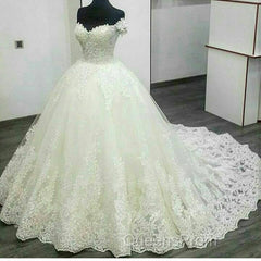 Vintage V-Neck Off The Shoulder Lace Wedding Ball Gown Dress