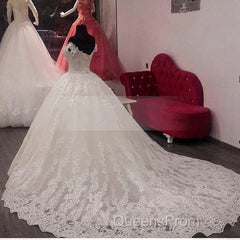 Vintage V-Neck Off The Shoulder Lace Wedding Ball Gown Dress