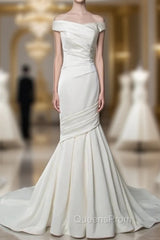 Vintage Wedding Dress Mermaid Off The Shoulder Sleeveless Pleated Satin Fabric With Train Traditional Dress For Bride