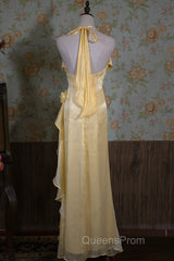 Vintage Yellow Halter Neck Floral Evening Prom Gown Fairy Princess Evening Prom Dress