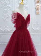 Wine Red Tulle V-Neckline Off Shoulder With Bow, Wine Red Tulle Long Evening Prom Dress