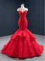 We Offer a Large Numbers Of Red Mermaid Lace Cap Sleeve Beading See Through Neck Prom Dress