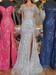 Fuchsia Off-Shoulder Sequined Floral Mermaid Long Evening Prom Dress with Slit