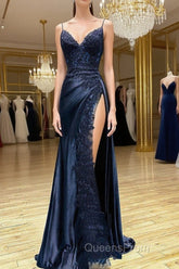 Dark Blue V Neck Satin Lace Long Evening Prom Dress, Dark Blue Lace Long Evening Dress