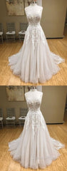 Wh V Neck Tulle Long Evening Prom Dress, Lace Evening Dress, White Lace Wedding Dress