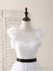 White A-Line Lace Tulle Long Prom Dress, White Evening Dress