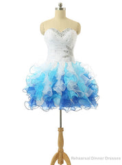 White And Blue Organza Knee Length Cocktail Dresses