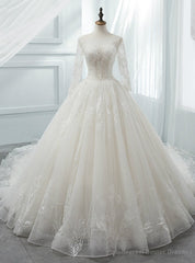 White Ball Gown Scoop Long Sleeve Tulle Wedding Dress With Beading