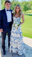 White Blue Floral A-Line Classy Prom Dress Long Classy Evening Gown