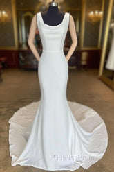 White Cowl Neck Open Back Mermaid Long Wedding Dress Pure Color