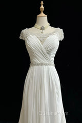 White Elegant A-Line Chiffon V-Neck Long Evening Prom Dress With Beading Simple Wedding Dress