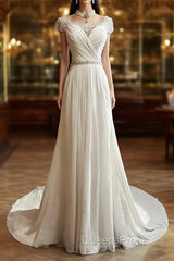 White Elegant A-Line Chiffon V-Neck Long Evening Prom Dress With Beading Simple Wedding Dress