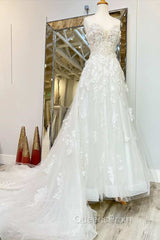 White Floral Applique Sweetheart Long Wedding Dress With Sweeping Train Beautiful