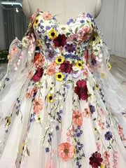 White Floral Sweetheart Long Sleeves Ball Gown Evening Prom Dress