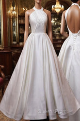 White Halter Simple Satin Backless Long Weddign Party Dress, White Long Formal Dress