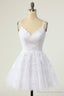 White Homecoming Dresses Spaghetti Straps Short Prom Dresses A-line V-neck Tulle Lace Backless