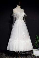 White Lace A-Line Tea Length Evening Prom Dress