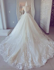 White Lace Long Sleeve Ball Gown Evening Prom Dress Wedding Dress