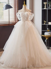 White Lace Tulle Spaghetti Straps Wedding Dress