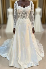 White Long Sleeve A-Line Wedding Dress
