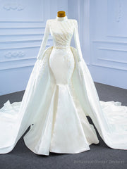 White Meraid Satin Long Sleeve Wedding Dress With Detachable Train