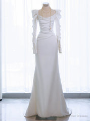 White Mermaid Long Sleeve Square Pleats Wedding Dress