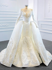 White Mermaid Satin Appliques Long Sleeve Beading Wedding Dress