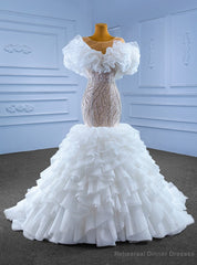 White Mermaid Tulle Sequins Beading Wedding Dress