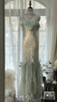 White Mint Green Romantic Fashion Elegant Delicate Beaded Lace Spaghetti Straps Long Tulle Chiffon Ruffle Ball Gown Classy Evening Gown Party Dress