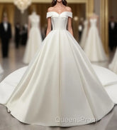 White Off Shoulder Satin Long Evening Prom Dress, White Evening Dress, White Wedding Dress, White Formal Dress