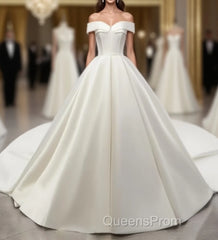 White Off Shoulder Satin Long Evening Prom Dress, White Evening Dress, White Wedding Dress, White Formal Dress