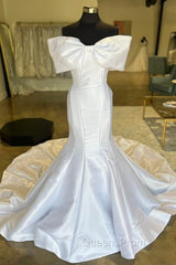 White Off-The-Shoulder Bow Trumpet Long Wedding Dress Pure Color
