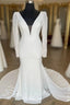 White Plunge V Open Back Long Wedding Dress With Long Sleeves Sexy