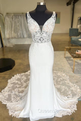 White Plunge V Strapless Lace Mermaid Long Bridal Gown Wedding Dress