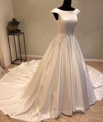 White round neck satin long Evening Prom gown, evening Dress