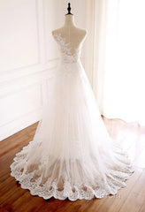 White Round Neck Tulle Lace Long Evening Prom Dress White Tulle Wedding Dress