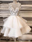 White round neck tulle lace short prom dress, white homecoming dress