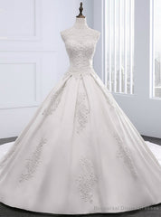 White Satin Appliques Pearls High Neck With Train Wedding Dress