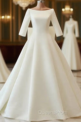 White Satin Backless 3/4 Sleeve Wedding Dress Party Evening Prom Dress