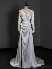 White Satin Long Sleeve Pleats Wedding Dress