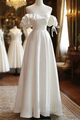 White Satin Off Shoulder Beaded Sweetheart Formal Dress, White Long Evening Prom Dress