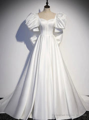 White Satin Puff Sleeve Wedding Dress With Bow