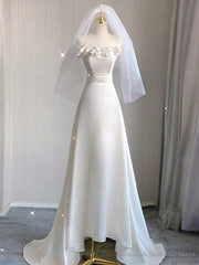White Satin Strapless Flower Wedding Dress