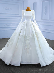 White Satin Tulle Long Sleeve Appliques Wedding Dress
