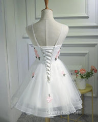 White Short Cute Graduation Party Dress , Lovely Evening Prom Dress , Formal Dress Tulle With Flowers