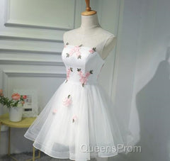 White Short Cute Graduation Party Dress , Lovely Evening Prom Dress , Formal Dress Tulle With Flowers