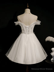 White Short Prom Dresses, Off Shoulder White Puffy Homecoming Dresses
