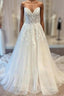 White Sweetheart A-Line Wedding Dress Tulle Lace Bridal Dress With Sweep Train Off Shoulder Elegant